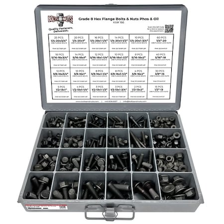 Boltsandnuts.Com Inch Grade 8 Hex Flange Frame Bolts & Lock Nuts Black Assortment - 352 PCS Assortment Kit #166
